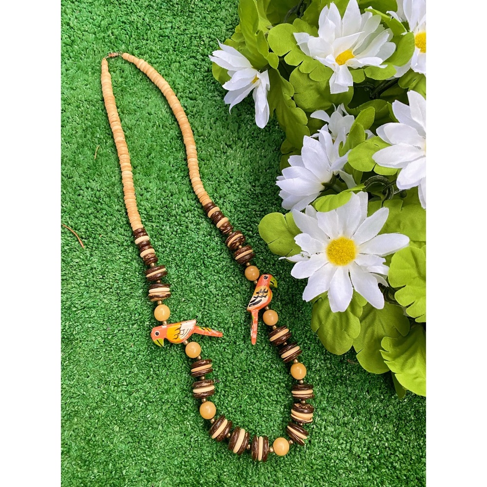 Vintage 70s Tiki Parrot Wood Bead Necklace